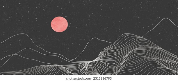 Illustrations of Mountain line art landscape. Creative minimalist modern line art pattern. Abstract contemporary aesthetic backgrounds landscapes. with Mountain, hill and red moonlight