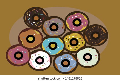 Illustrations of multicolored donuts can be used in design.