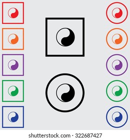 Illustrations of Multiple Coloured Square and Round Icons Isolated on a Grey Background - Ying Yang