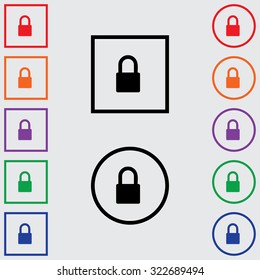 Illustrations of Multiple Coloured Square and Round Icons Isolated on a Grey Background - Padlock