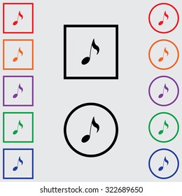 Illustrations of Multiple Coloured Square and Round Icons Isolated on a Grey Background - Musical Note
