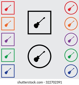 Illustrations of Multiple Coloured Square and Round Icons Isolated on a Grey Background - Guitar