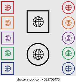 Illustrations of Multiple Coloured Square and Round Icons Isolated on a Grey Background - Globe