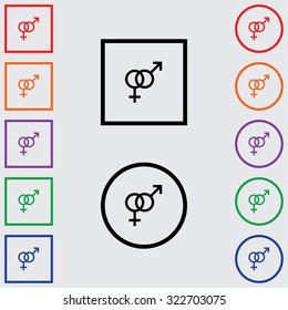 Illustrations of Multiple Coloured Square and Round Icons Isolated on a Grey Background - Male and Female Symbols