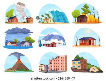 Illustrations of natural disasters. Destructive natural phenomena of different types in different parts of the world. Vector illustration