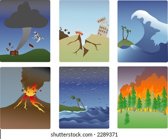 illustrations of natural disasters-tornado, earthquake, tsunami, volcano, hurricane, forest fire