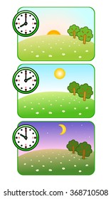 Illustrations Of Nature At Different Times Of Day. Morning, Noon And Night. Clock Shows. Forest Glade. The Sun Is Shining. Moon And Stars. Vector.