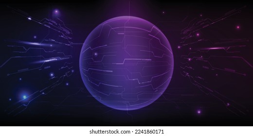 ์Vector illustrations of neon blue purple glowing globe on digital hi tech pattern curve plane.Futuristic digital technology concepts.