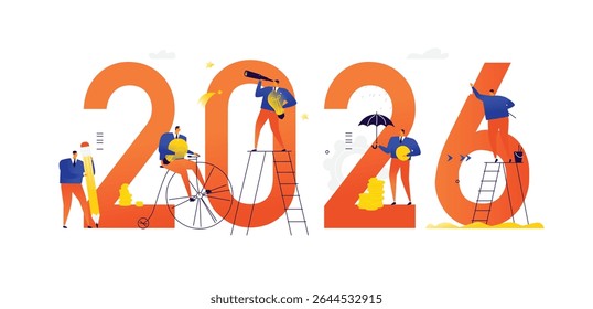 Illustrations of the new 2026. Meeting the new year. Vector. Business people achieve their goals and make a career. Search for ideas. Solving tasks and problems. Business metaphors.  