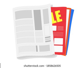 Illustrations of newspapers and leaflets.