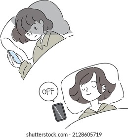 Ilustraciones de las rutinas NG y OK antes de acostarse