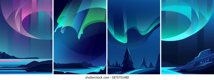 Illustrations of northern lights. Nature landscapes in vertical orientation.