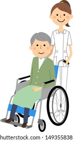 Illustrations of nurses and wheelchair patients.