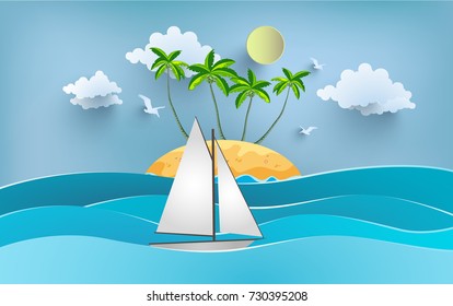 illustrations of ocean, island and sailboat scenery. design paper art