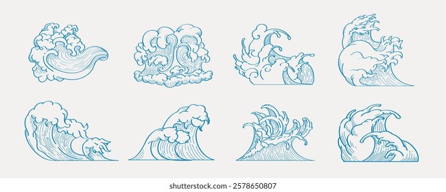 Illustrations of ocean waves in various styles. Blue wave designs, ocean waves, artistic wave patterns, and stylized sea waves on a white background. Nature illustrations, isolated element vector set.