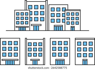 Illustrations of an office district and icons of each building