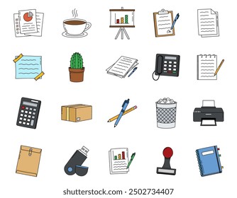 Illustrations of Office Item Elements in Doodle Style, Suitable for Your Design Needs, Starting from Templates, Posters, Brochures, Social Media, etc., to make designs more attractive
