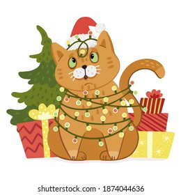 Illustrations on a Christmas theme. The cat got tangled up in the garlands. A character in a New Year's cap with gifts, a Christmas tree. Isolated on a white background.