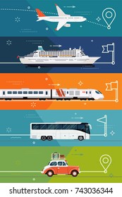 Illustrations on different types of transport. Travel destinations and touristic routes. Cool set of vector flat design banner templates on travel by plane, by train, ocean liner, bus or car