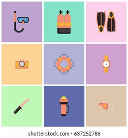 Illustrations on diving equipment It displays various image icons. Can be used in various media.the mask diving.camera.watch.light.knife.