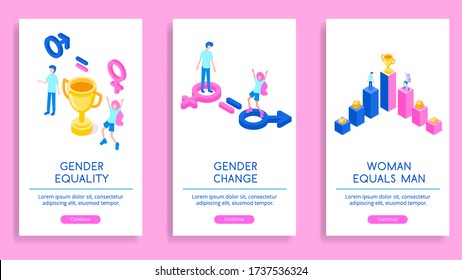 Ilustraciones sobre igualdad de género y no opresión. En las ilustraciones vectoriales isométricas se muestra la igualdad de derechos entre hombres y mujeres. Juego de afiches sobre un fondo rosado.