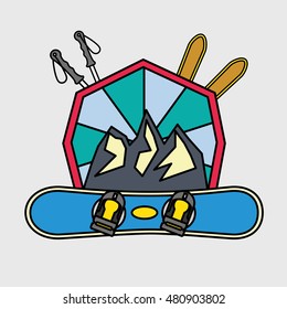 Illustrations on the theme of skiing snowboard. Elements for Logo for extreme winter sports. The stylized image of the mountains. Elements of sports equipment winter holidays.