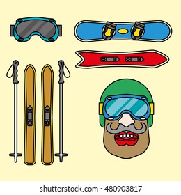 Illustrations on the theme of skiing snowboard. Elements for Logo for extreme winter sports. The stylized image of the mountains. Elements of sports equipment winter holidays.