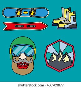 Illustrations on the theme of skiing snowboard. Elements for Logo for extreme winter sports. The stylized image of the mountains. Elements of sports equipment winter holidays.