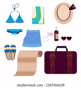 Illustrations on the theme of travel vacation, adventure. Outfit of modern traveler.