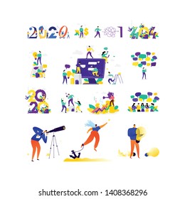 Ilustraciones sobre el tema de los negocios. Vector. Situaciones metafóricas en los negocios. Comunicación, finanzas, comunicación, redes sociales. Año nuevo 2020.