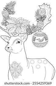 Illustrations with one line for coloring. Coloring page with Santa Claus's reindeer. The contour drawing can be easily colored with colored pencils and create a bright postcard.