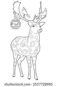 Illustrations with one line for coloring. Coloring page with Santa Claus's reindeer. The contour drawing can be easily colored with colored pencils and create a bright postcard.