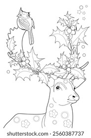 Illustrations with one line for coloring. Coloring page with Santa Claus's reindeer. The contour drawing can be easily colored with colored pencils and create a bright postcard.