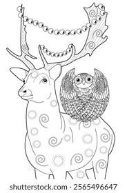 Illustrations with one line for coloring. Coloring page with Santa Claus's reindeer. The contour drawing can be easily colored with colored pencils and create a bright postcard.