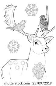 Illustrations with one line for coloring. Coloring page with Santa Claus's reindeer. The contour drawing can be easily colored with colored pencils and create a bright postcard.
