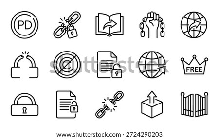 Illustrations of open access information, public domain, no copyright restrictions and share. Isolated outline vector design.