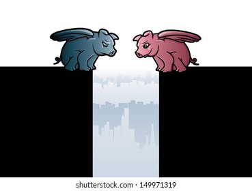 Illustrations of an optimistic and a pessimistic peg with wings/Vector Flying Pigs
