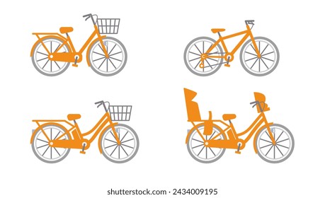 Illustrations of orange bicycles. Vector set of city cycle and cross bike.Transportation for commuting to work or school. Rental bicycles.