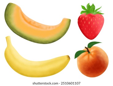 Ilustraciones Paquete de melones, fresas, plátanos y naranjas. Ilustración de frutas.