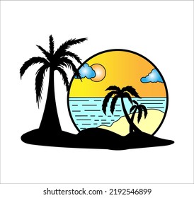 Illustrations Palm Tree Silhouette with Beach in Circle Vector 