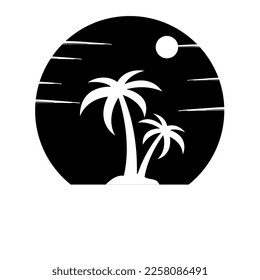 Ilustraciones de silueta de árbol de palmas con playa en vector de círculo