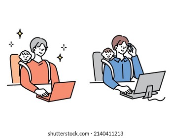 Illustrations of parenting and work.Compatibility, telework, holidays, business, childcare, piggyback, double-income.