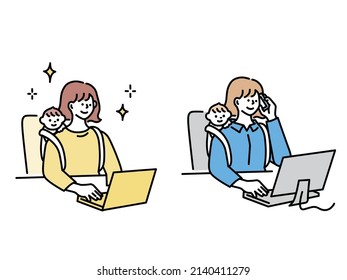 Illustrations of parenting and work.Compatibility, telework, holidays, business, childcare, piggyback, double-income.