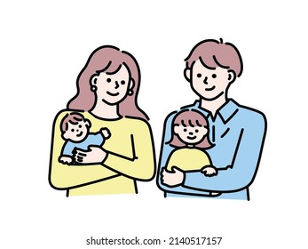 Illustrations of parents and children, parents, husband and wife, and family.Friends, marriage, children, happiness, family.