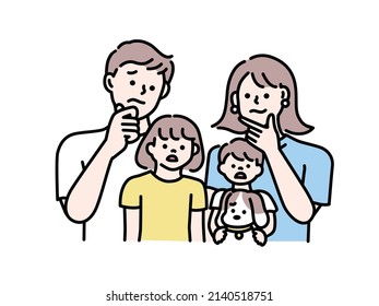 Illustrations of parents and children, parents, husband and wife, and family.agonize, think, be troubled, marry, child.