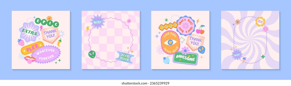 Illustrations with patches and stickers in 90s style.Modern templates in y2k aesthetic chess and spiral backgrounds.Trendy funky designs for banners,social media marketing,branding,packaging,covers