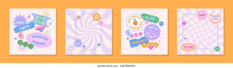 Illustrations with patches and stickers in 90s style.Modern templates in y2k aesthetic chess and spiral backgrounds.Trendy funky designs for banners,social media marketing,branding,packaging,covers