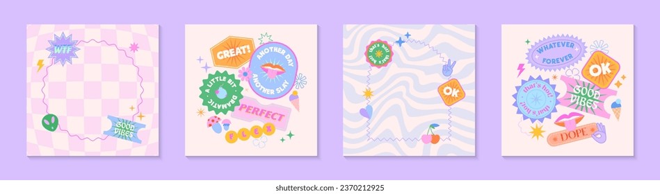 Illustrations with patches and stickers in 90s style.Modern templates in y2k aesthetic chess and wavy backgrounds.Trendy funky designs for banners,social media marketing,branding,packaging,covers