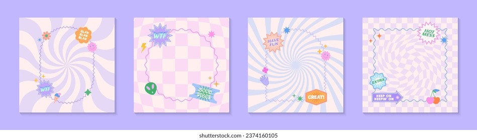 Illustrations with patches and stickers in 90s style.Vector templates in y2k aesthetic with frames,chess,spiral backgrounds.Funky designs for banners,smm,branding,packaging,covers