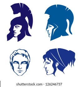 illustrations of people from Ancient Greece or Rome. Roman or Greek warrior in helmet, a philosopher or a woman from profile view. Logo design. Vector eps file.